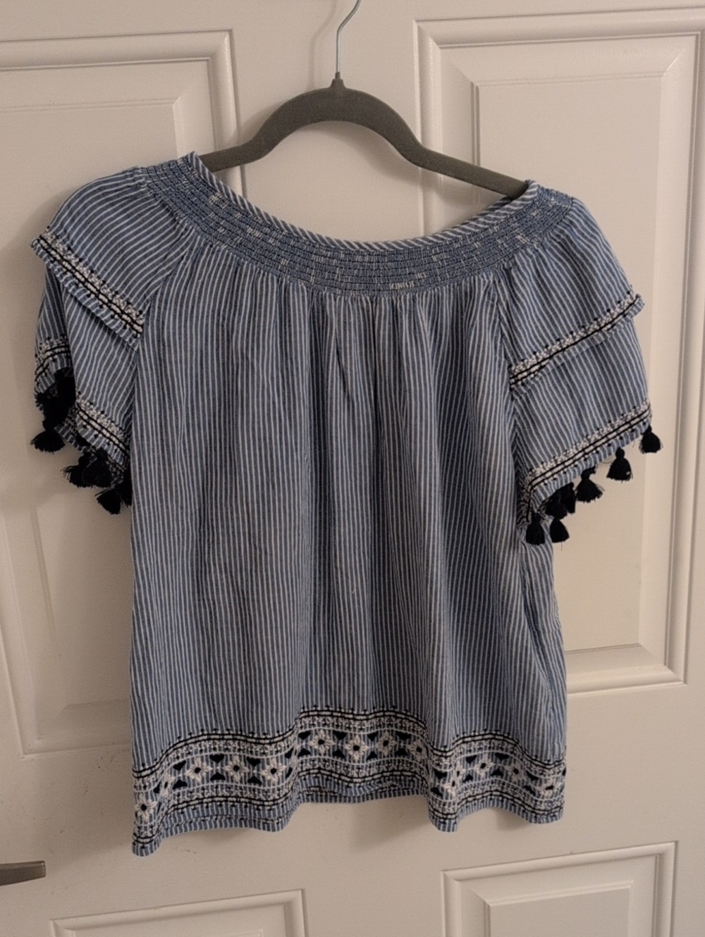 Vineyard Vines Blue and White Striped Off-Shoulder Tassel Top